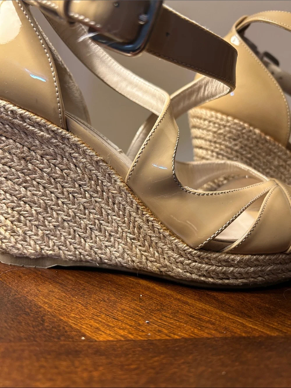 L. K. Bennett Patent Nude Braided Wedge Heels